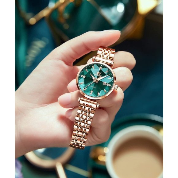 Women Green Dial Rose Gold Stainless Steel Band Waterproof Watch main image 6